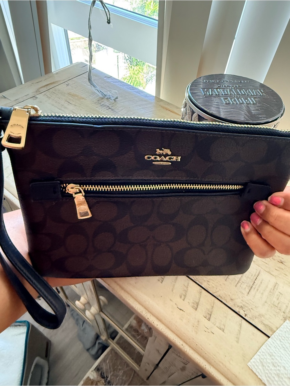 Coach Dark Brown Signature Zip Wristlet - Picture 2 of 3